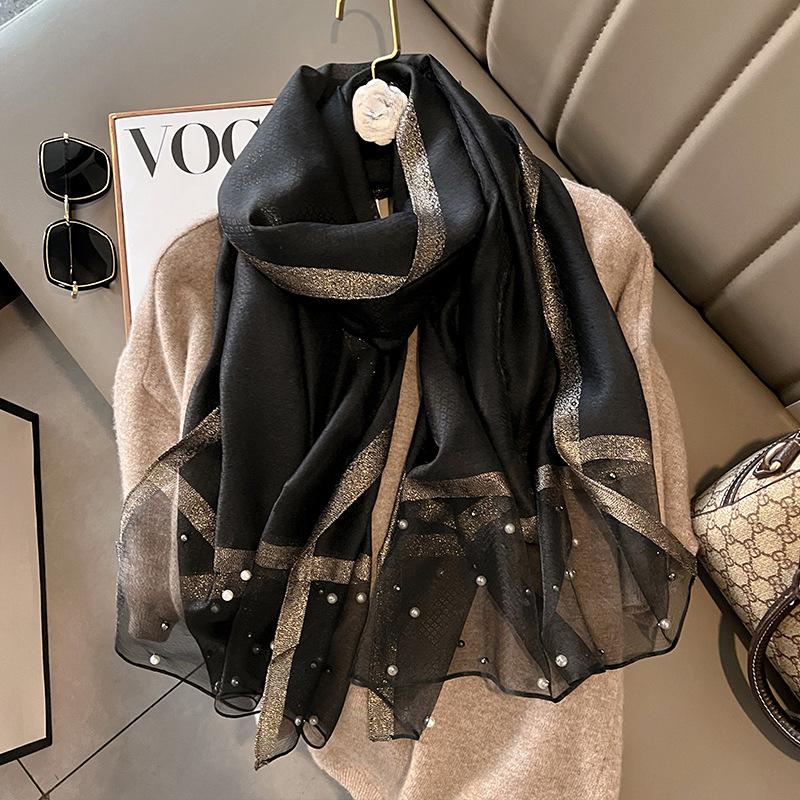 Spring/Summer Comfortable Imitation Silk Print Wraps Elegant Breathable Beaded Scarf for Women Casual Classic Breathable Shawl