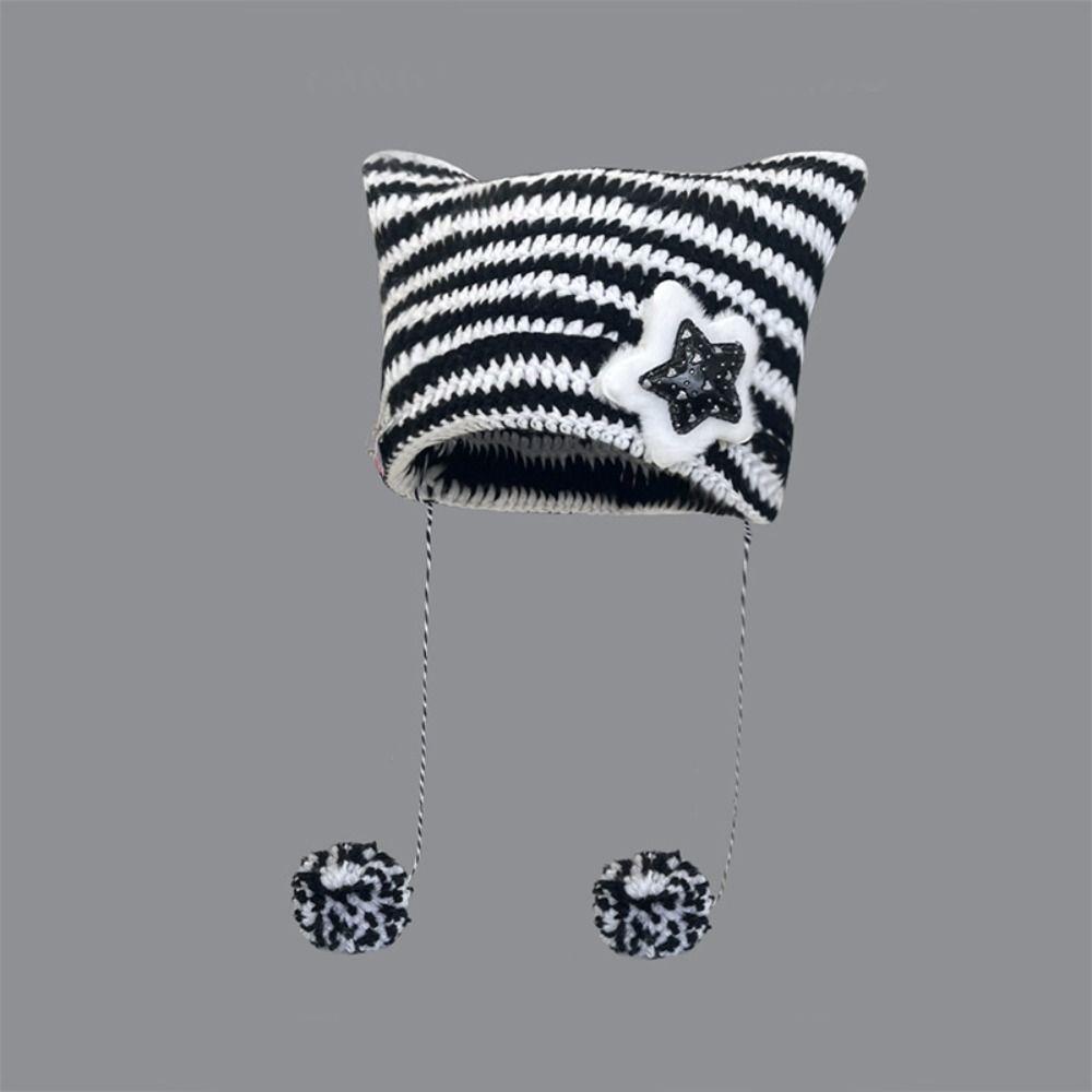 Шерстяная вязаная шапка-бини со звездами, шапка-кошка в стиле Y2K, модная шапка-пуловер для девушки