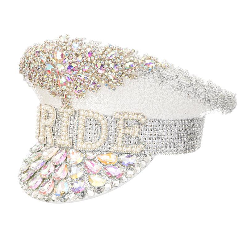 Rhinestones Bridal Hat Women White Sequins Hat for Bridal Shower Decor Captain Hats Party Supplies