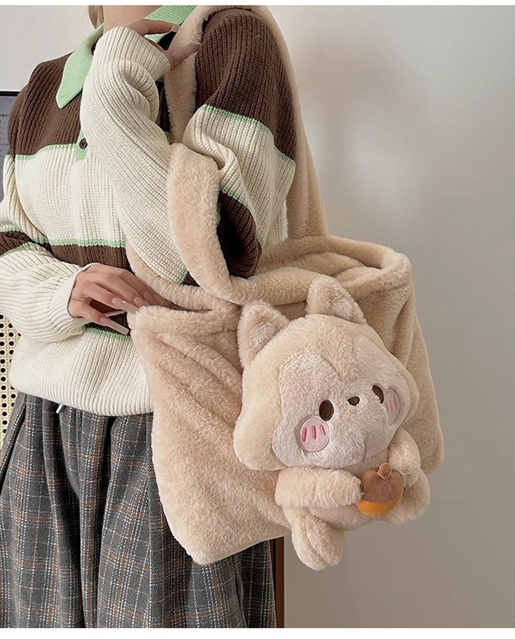 JIAERDI Adorable 3D Squirrel Handbag Women Cartoon Lolita Plush Shoulder Bag Ladies Large Capacity Lightweight Tote Bags Winter