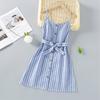 Летнее новое полосатое платье для девочек, однобортное платье без рукавов на подтяжках, детская одежда
