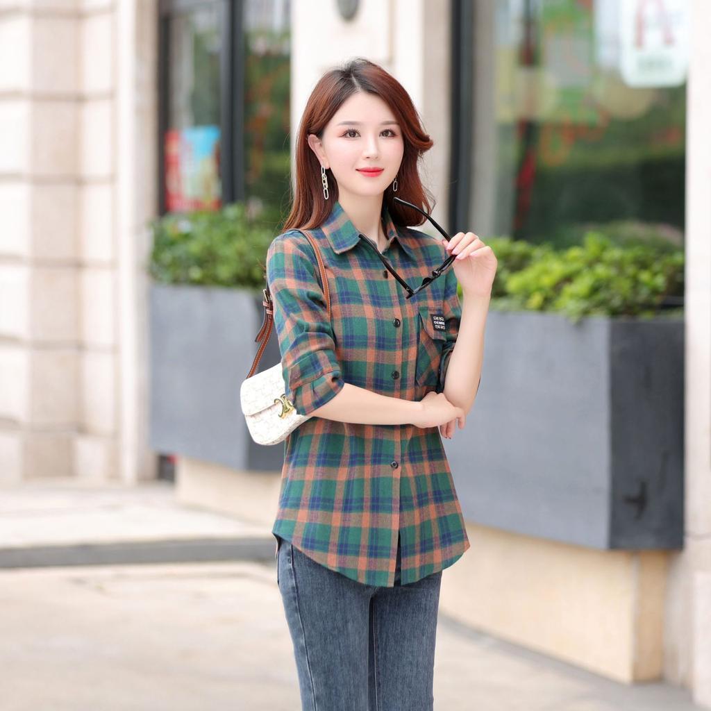 Women's Medium Length Striped Shirt Stand-up Plaid Shirt Casual Loose Shirt Office Shirt