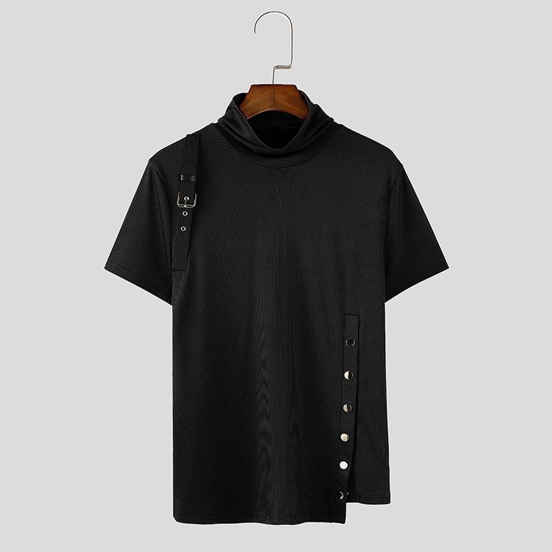 INCERUN Мужские летние водолазки с коротким рукавом в рубчик повседневные нестандартные облегающие футболки майки