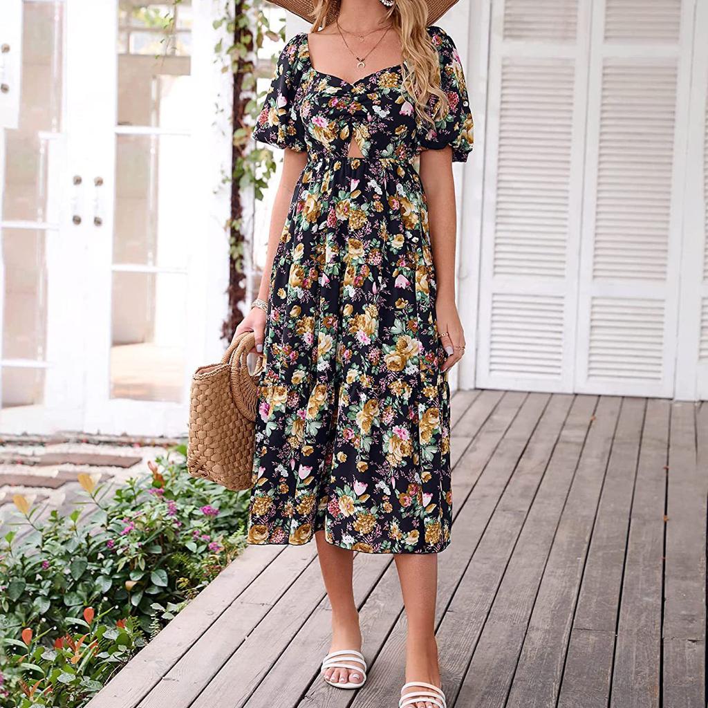 Женское модное платье с квадратным воротником и цветочным принтом, высокой талией, полым пузырем и короткими рукавами, плиссированное платье с принтом сзади