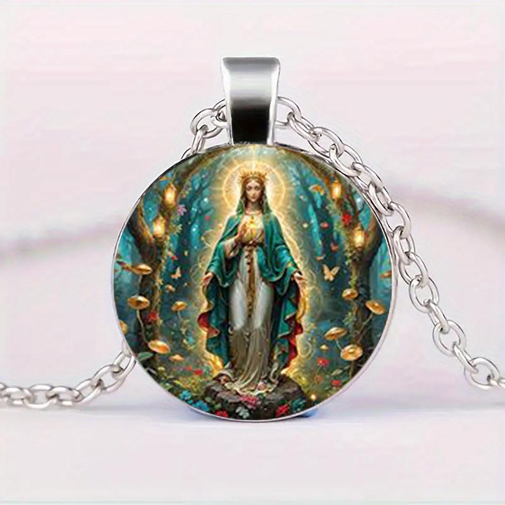 Подвеска из стекла в винтажном стиле с изображением Девы Марии, подходит для повседневных религиозных украшений.