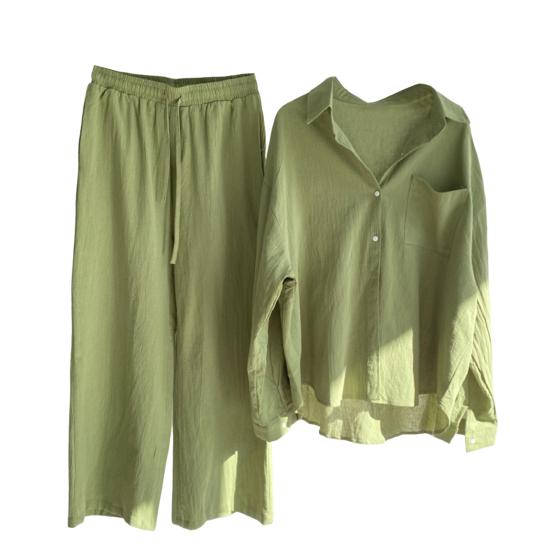 Женский комплект из двух предметов: рубашка с длинным рукавом и застегнутая на пуговицы рубашка с широкими брюками повседневный хлопковый домашний костюм на весну и лето