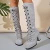 Fashion 8CM Knee High Women Boots Autumn Woman Shoes Winter Lace Up Vintage Flat Shoes Sexy Steampunk Leather Buckle Ladies Snow Boots