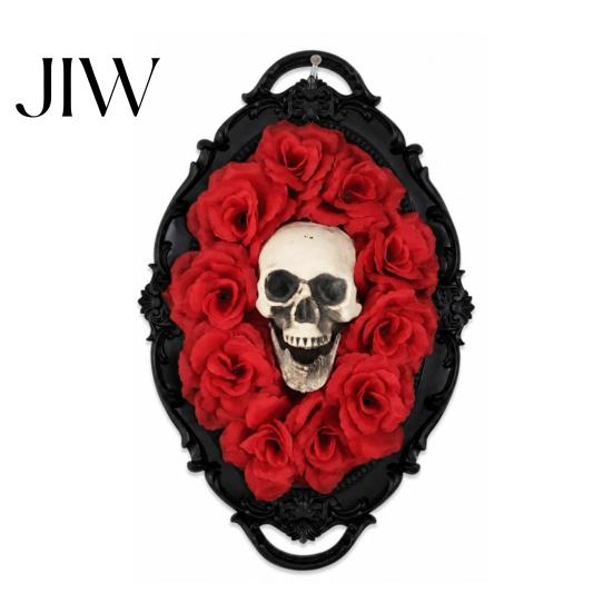 Decorative Gothic Skull Frame Halloween Wall Decoration, Vintage Red Rose Sculpture, Art Ornament Horror Spider Web for Holiday Party Artistic