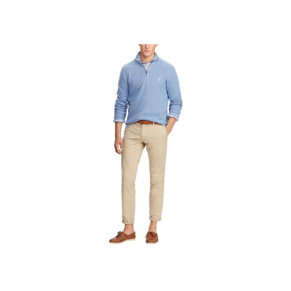 Polo Ralph Lauren FW23 Трикотажный свитер с длинным рукавом на молнии до середины, с вышивкой логотипа Pony, мужской свитер, небесно-голубой, MNPOSWE16810318-B28