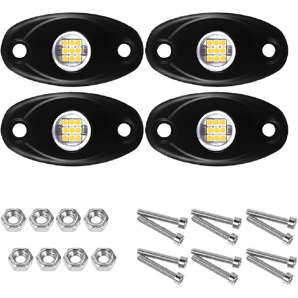 4 Pods Car RGB LED Rock Lights, Vehicle Underglow Neon Light Pod with Screws and Nuts, Waterproof Automotive Exterior Rock Night Lamp, Universal for