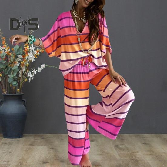 Женский комплект из 2 предметов: топ с рукавами «летучая мышь» и V-образным вырезом, завязывающиеся на шнурок широкие брюки, свободный повседневный спортивный костюм для отдыха