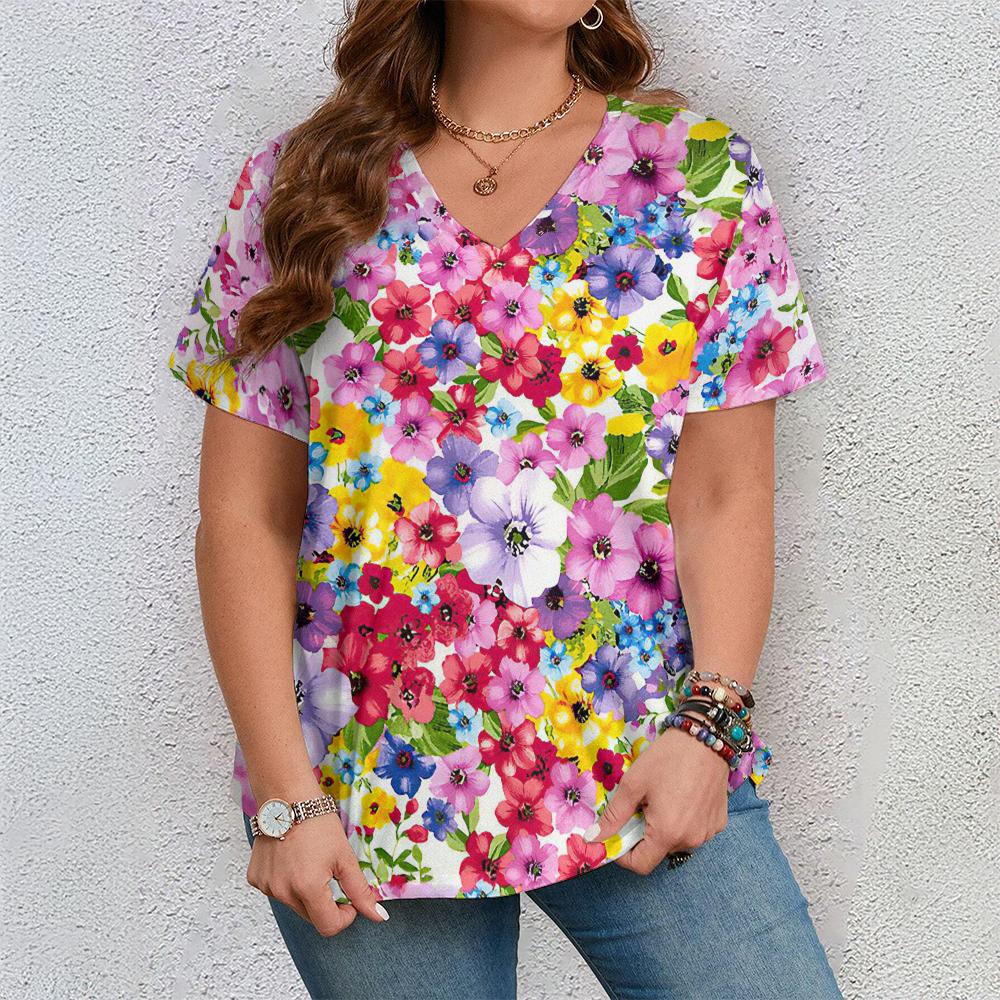 Women's Short Sleeve V Neck Tshirt Woman Fashions Loose Plus Size Clothing Colorful Flower Print Holidays T-Shirts Tops