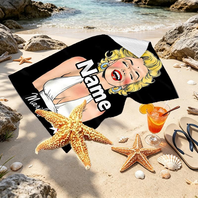 Custom Name Personalized Marilyn Monroe Print Beach Towel, for Trip Camping Beach Party Home Decor, Birthday Gift for Family & Friends