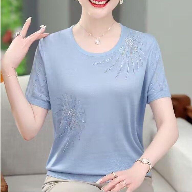 Summer Women's Ice Silk Short Sleeved Round Neck T-shirt Middle-aged and Elderly Women's Loose Thin Knitted Top