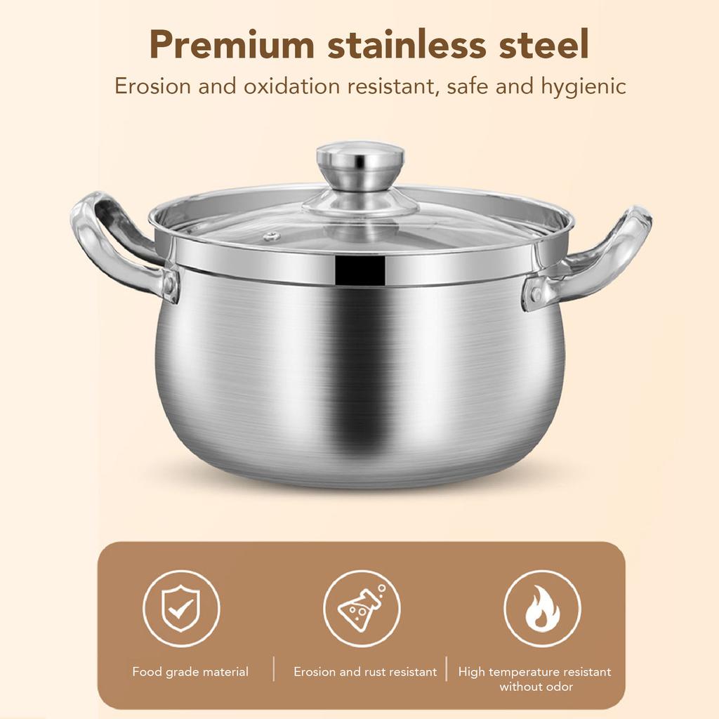 Stainless Steel Stock Pot 24cm Stockpot 201 Stainless Steel Spill Proof Soup Pot with  Handle Lid Glass for Kitchen Cookware