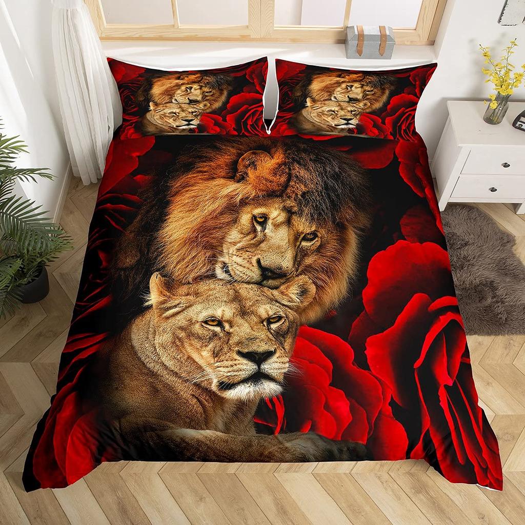 Lion Rose Duvet Cover Sets King Size Animal Floral Print Polyester Comforter Cover Nature Theme Bedding Set for Kids Adult Teens