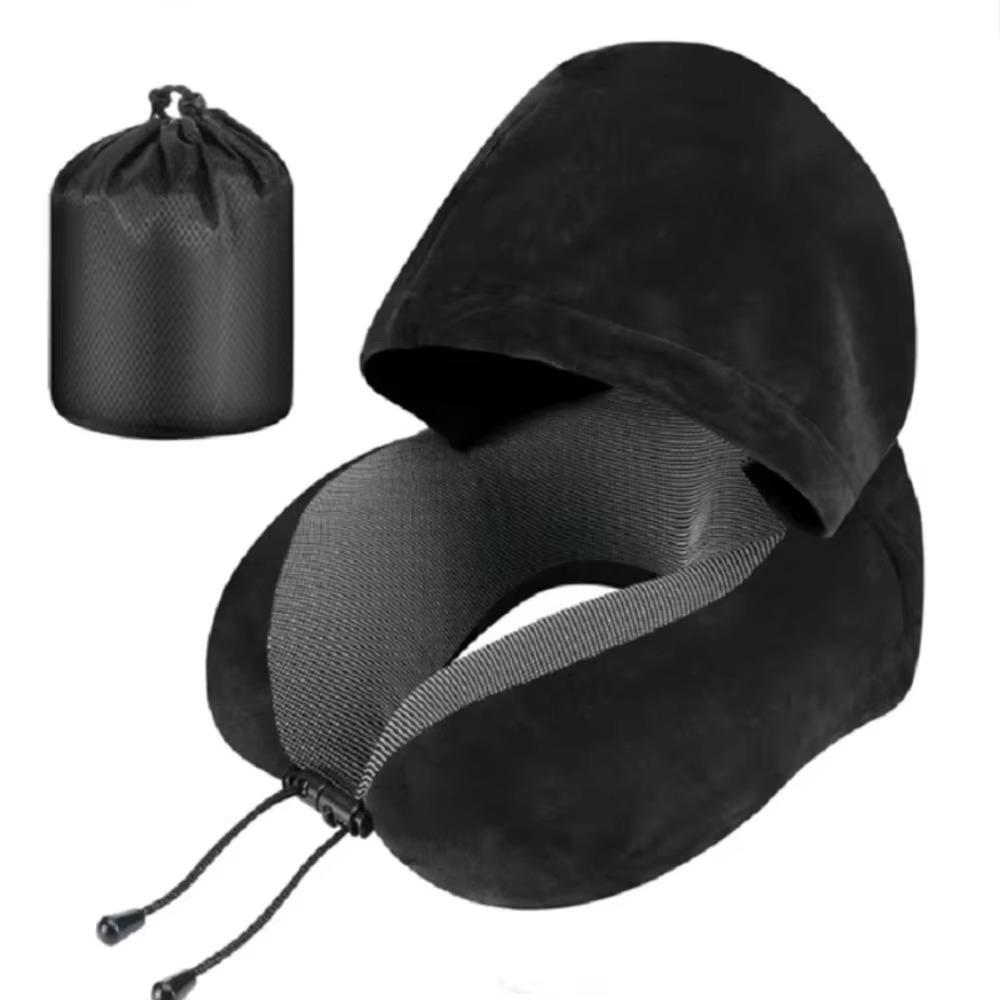 Removable Travel Neck Pillow Adjustable with Storage Bag Hooded Pillow Soft Support Washable Cover U-shaped Pillow with Cap
