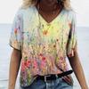 Women's T-shirt 2025 Summer New 3D Flower Print Loose Retro Women V-neck Short Sleeved Street Style T-shirt Casual Top