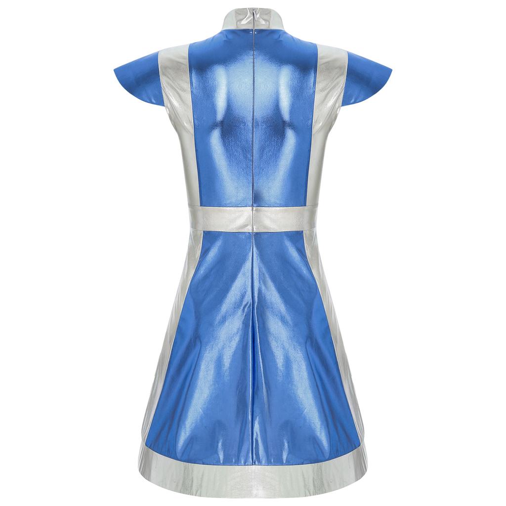Women's Space Fighter Costume Alien Dress-Up, Metallic Shiny Contrast Dress with Mock Neck & Cap Sleeves for Halloween Cosplay