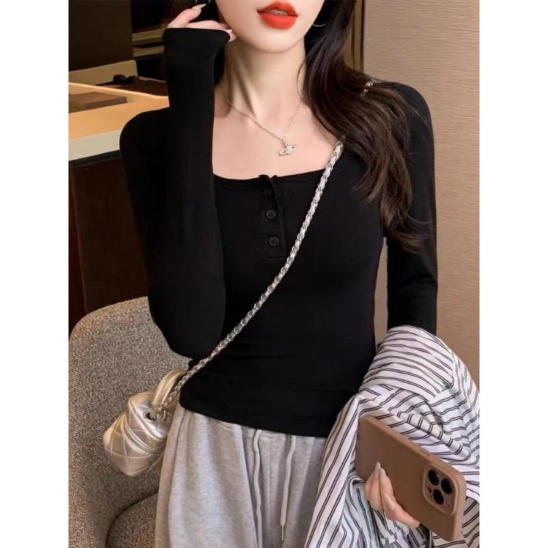 Универсальная шерстяная футболка с квадратным воротником и нагрудной накладкой, облегающая, с длинным рукавом, с базовой блузкой, женская блузка