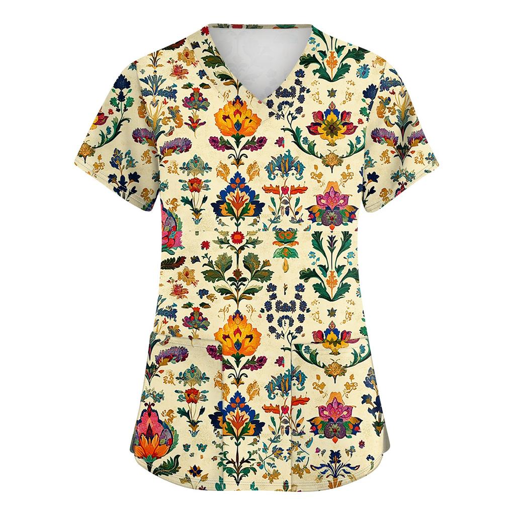 Women's Fashion V-neck Short Sleeve Workwear With Pockets Printed Tops
