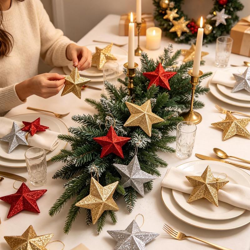 Sparkling Star Hanging Ornaments Cute 3D Five Point Glitter Christmas Tree Hanging Decor Reusable Festive Holiday Home Accent