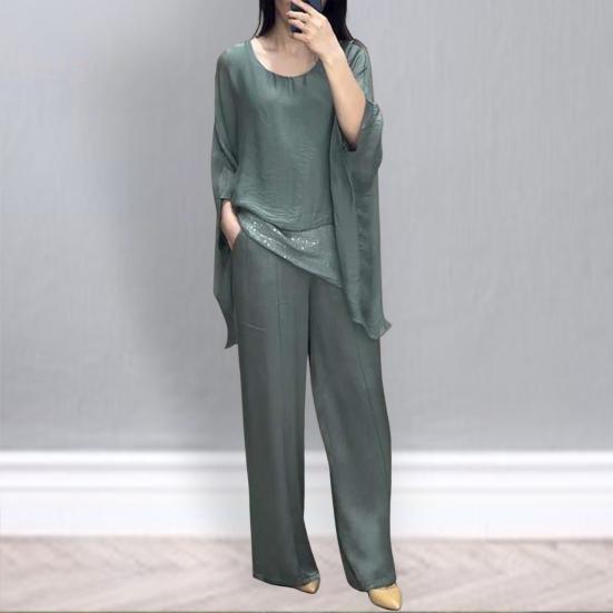 Women 2-Piece Top & Pant Set Crew Neck Shirt Wide Leg Pants Outfit Tracksuit