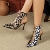 Fashion FHC 8CM High Heels Women Sandals Boots,Summer Ankle Botas,Back Hollow Out Leopard Shoes,Pointed Toe,Brown,Front PVC,Dropship