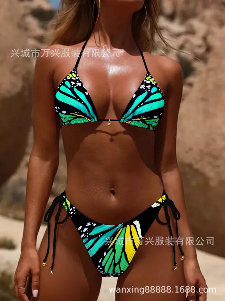 Fashion sexy bikini vacation butterfly print tie bikini three-point new swimsuit women
