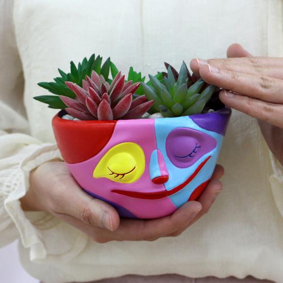 Abstract Rainbow Head Planter Unique Face Plant Pot High Durability Indoor Outdoor Colorful