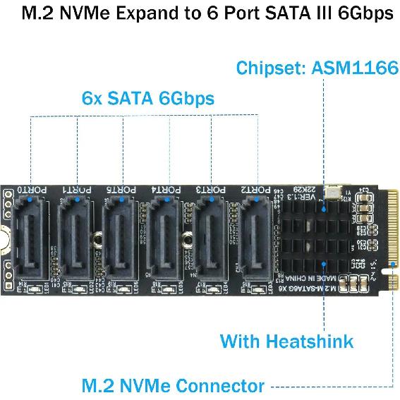JoniSerl M.2 to SATA 3.0 Adapter [6-Port], RIITOP M.2 NVMe to 6 Ports SATA III Expansion Card Adapter 6Gbps with Chipset ASM1166