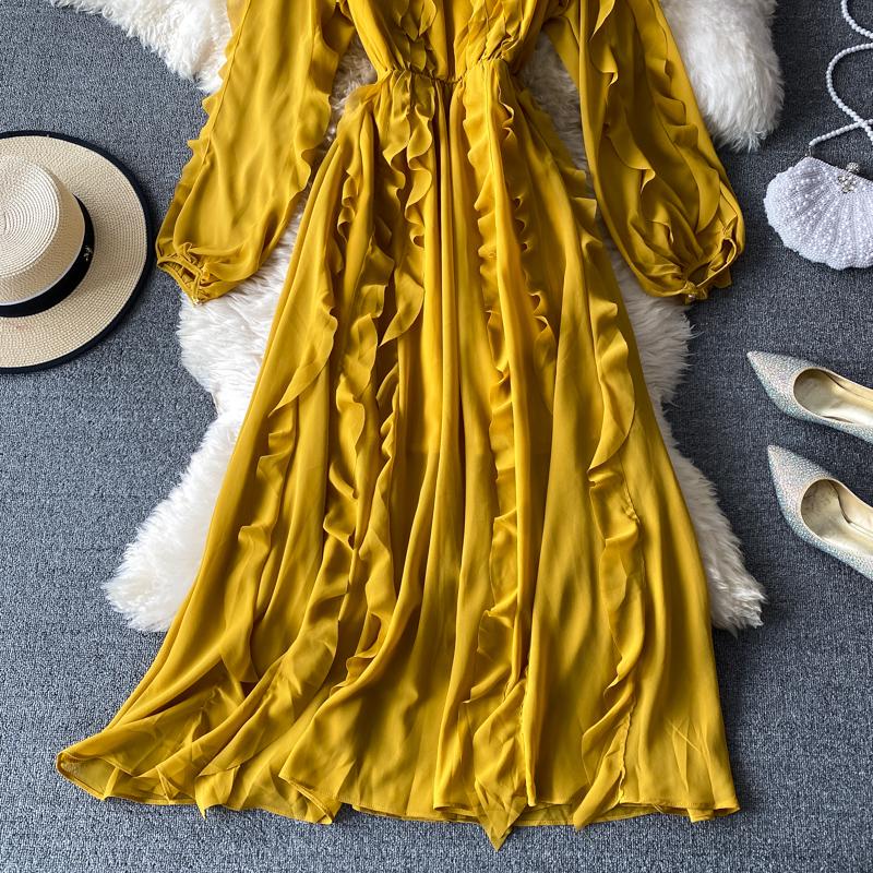 RUGOD 2025 Весна Новое Темпераментное Платье Грибок Женское Платье с Высокой Талией, Длинным Рукавом, V-образным Вырезом, Шифоновое Французское Платье