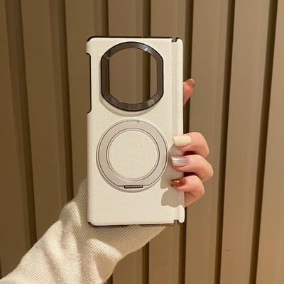 Чехол для Huawei Mate X7 Однотонная кожаная Магнитная защита Magsafe Двойной шарнир Металлический держатель-кольцо 360° Вращающийся Защитная крышка