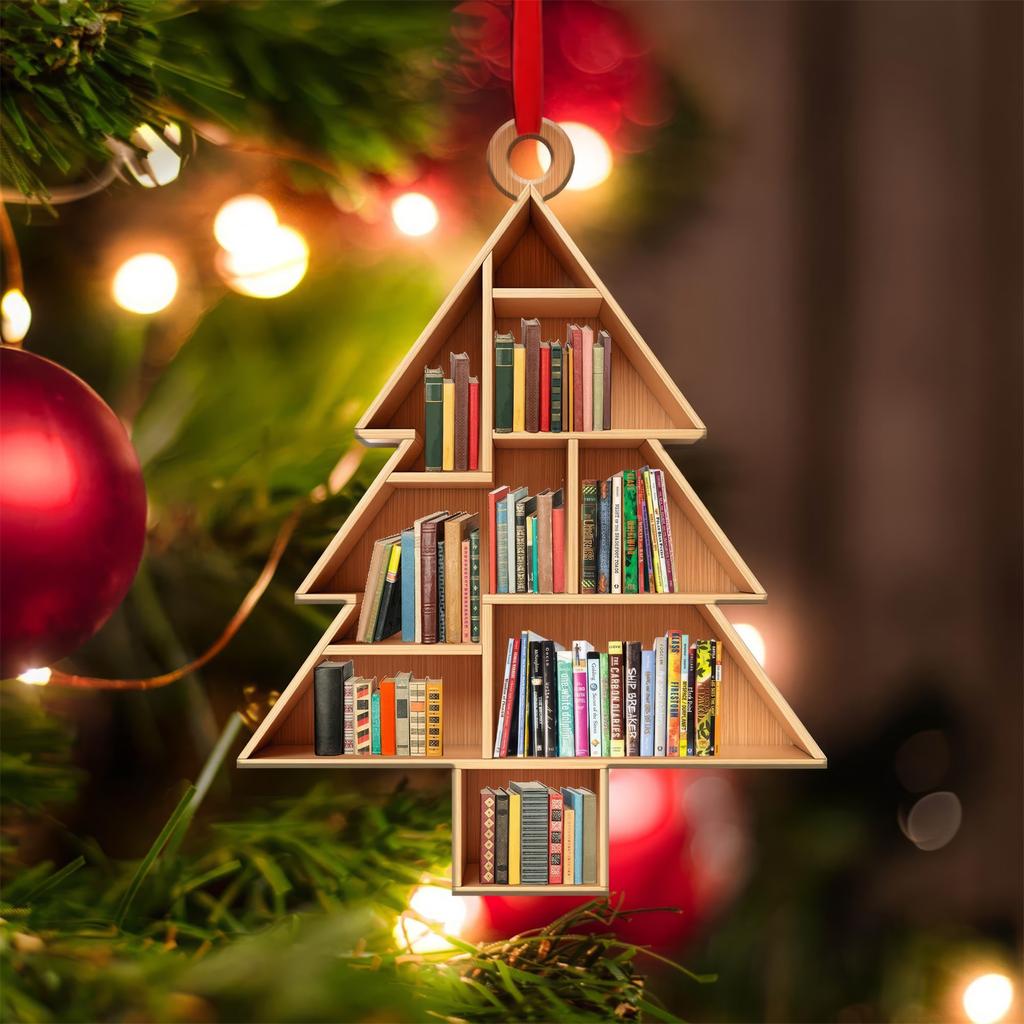 Рождественское 2D Плоское Украшение Форма Книги Дерево с Чашкой Кофе Звезда Праздничный Домашний Декор Уникальное Украшение в Литературном Стиле