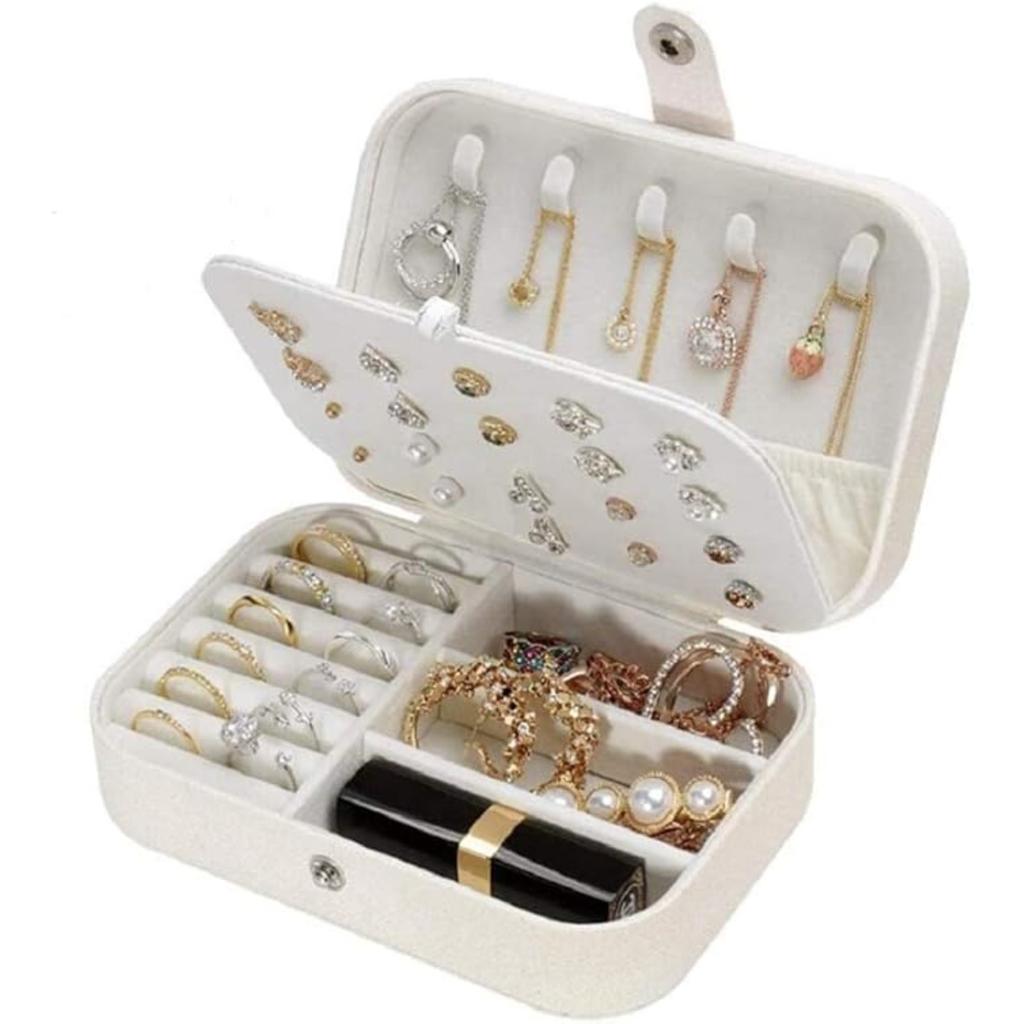 Small Travel Jewelry Box for Women Girls, Jewelry Organizer Storage for Earrings Rings Necklaces Bracelets, Double Layer Jewelry Case PU Leather