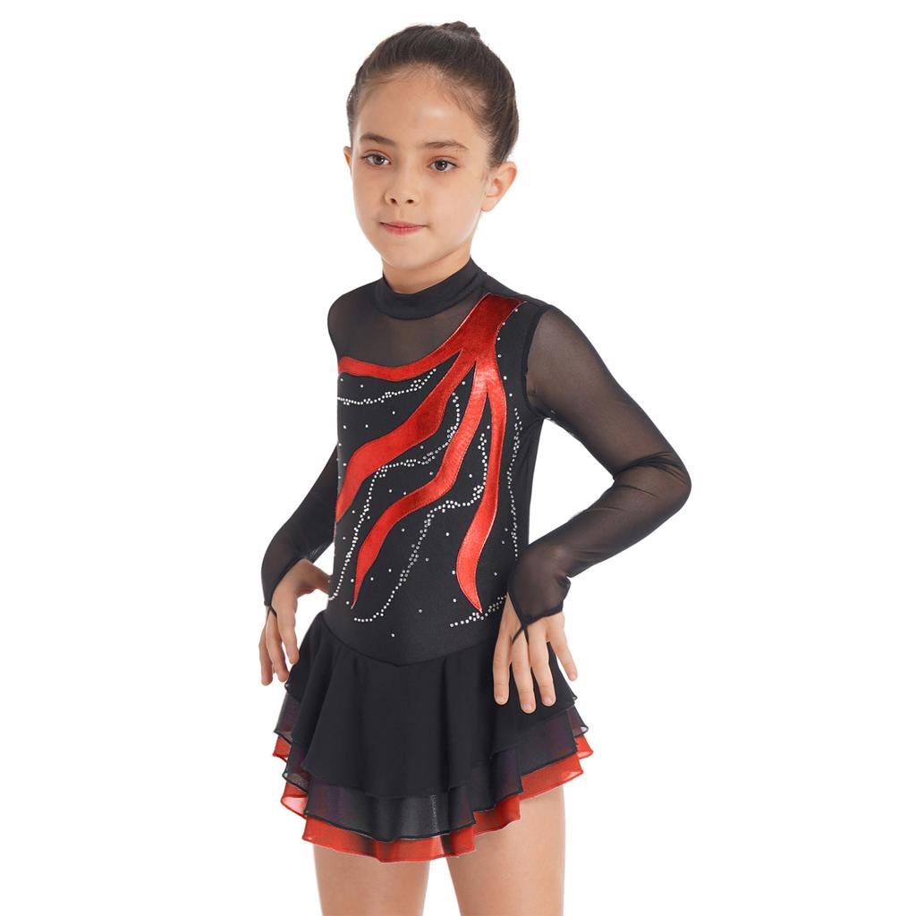 Child Girls Ballet Gymnastics Leotard Rhinestone Figure Ice Skating Dress Ballroom Dance Costume Training Performance Clothing