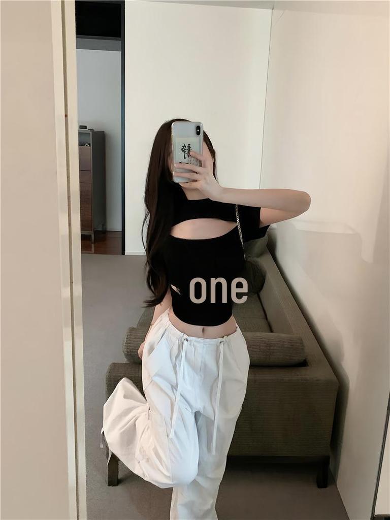 Women's Black Slim-Fit Short-Sleeved Hollow Sexy T-Shirt