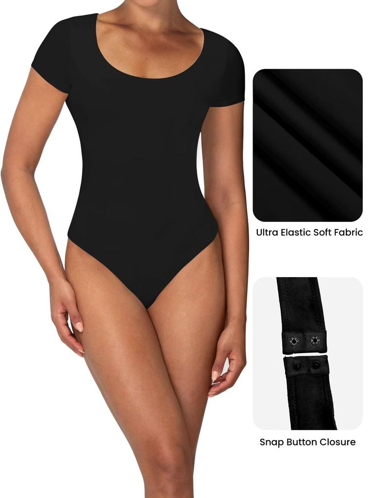 Women's Short Sleeve Bodysuits Double Lined Thong Body Suit Shirt Scoop Neck Going Out Tops Casual Tight Leotards