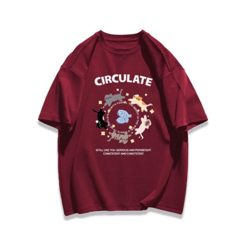 Женский летний новый свободный повседневный топ с короткими рукавами и принтом котят