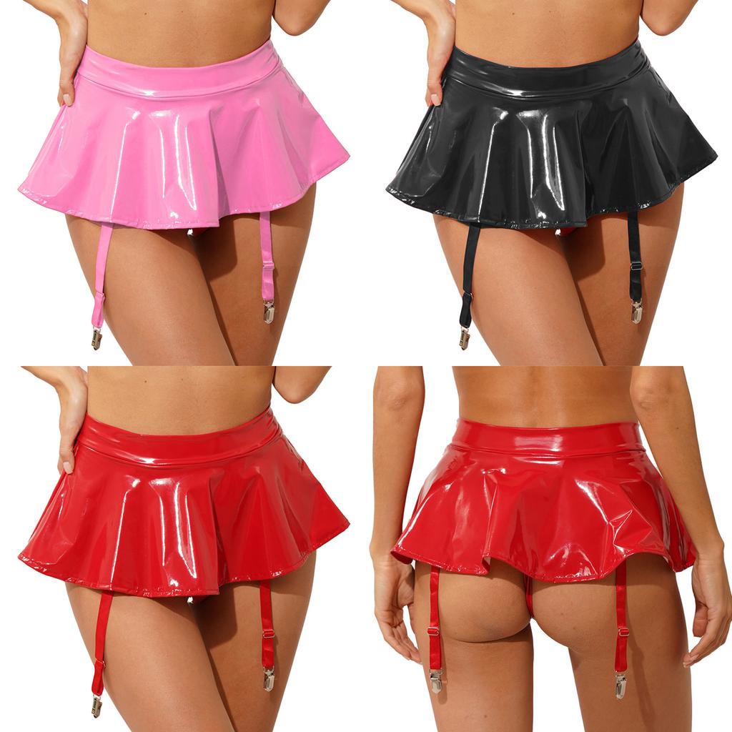 Womens Wet Look Patent Leather Ruffle Skirt Built-in Thongs Garter Belts Metal Clips Miniskirt Party Clubwear