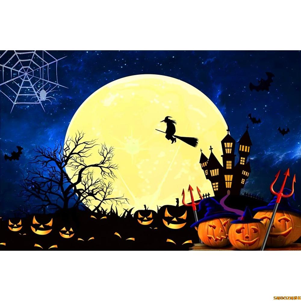 1pc Dark Halloween Party Backdrop Night Moon Witch Castle Pumpkin Bats Dustproof Banner for Halloween Themed Party Decoration
