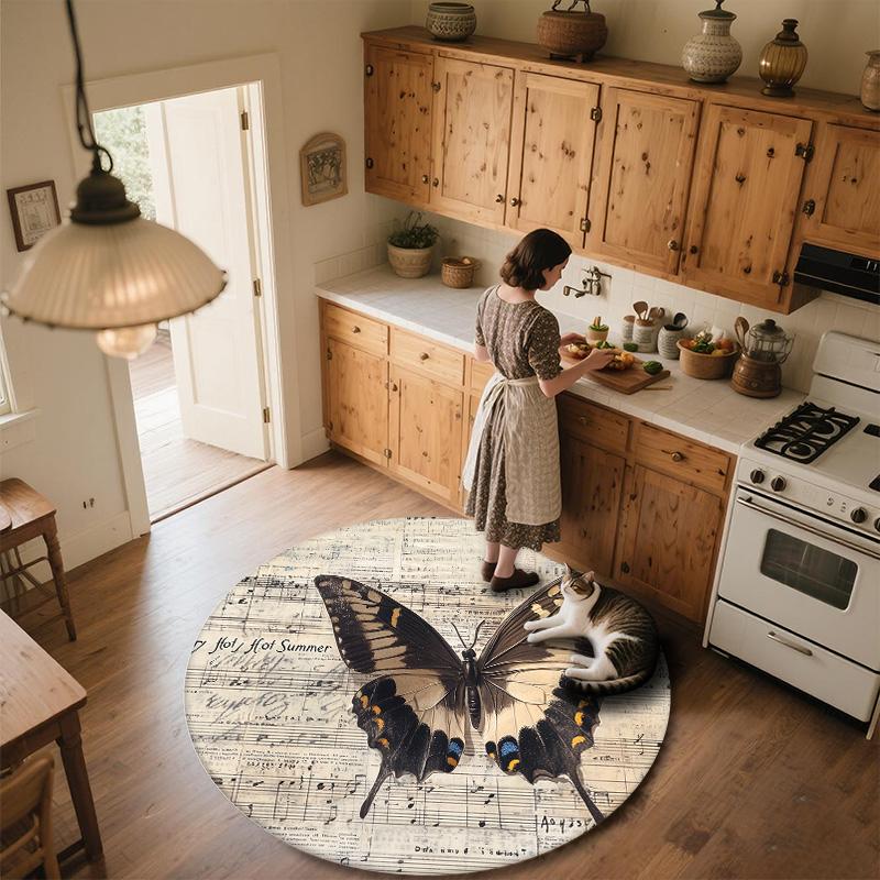 Vintage Butterfly Sheet Music,Round Area Rug,Carpet Rug for Living Room Bedroom Sofa Playroom Decor,Non-slip Floor Mat