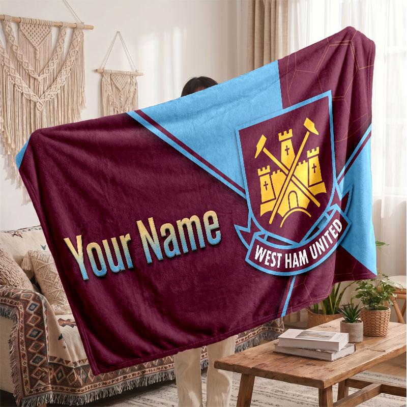 West Ham United football Personalized Fleece Blanket With Football Logo, Custom Name Text Soft Warm Home Throw Blanket