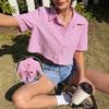 Women Short Sleeve Striped Bow Back Casual Shirt