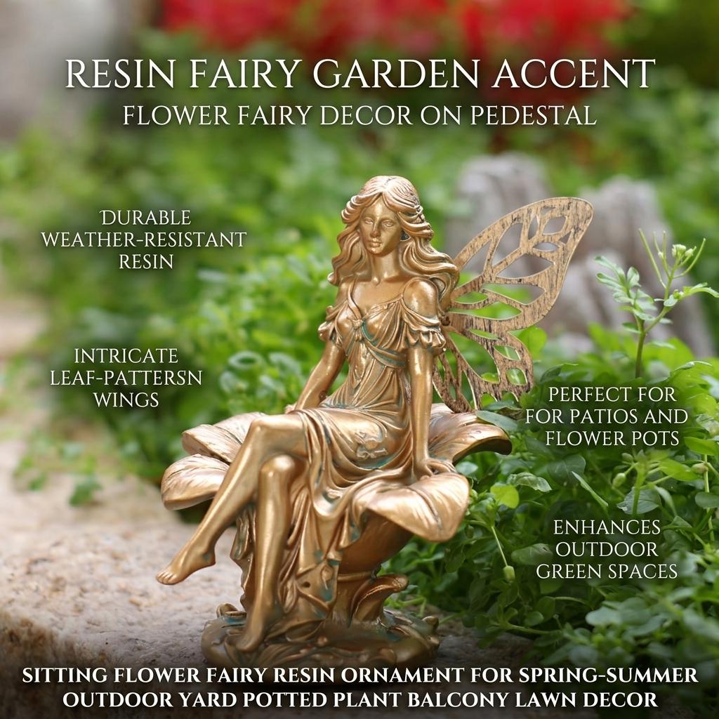 Resin Flower Fairy Statue Sitting On Flower For Spring Summer Outdoor Garden Decoration Yard Lawn Ornament