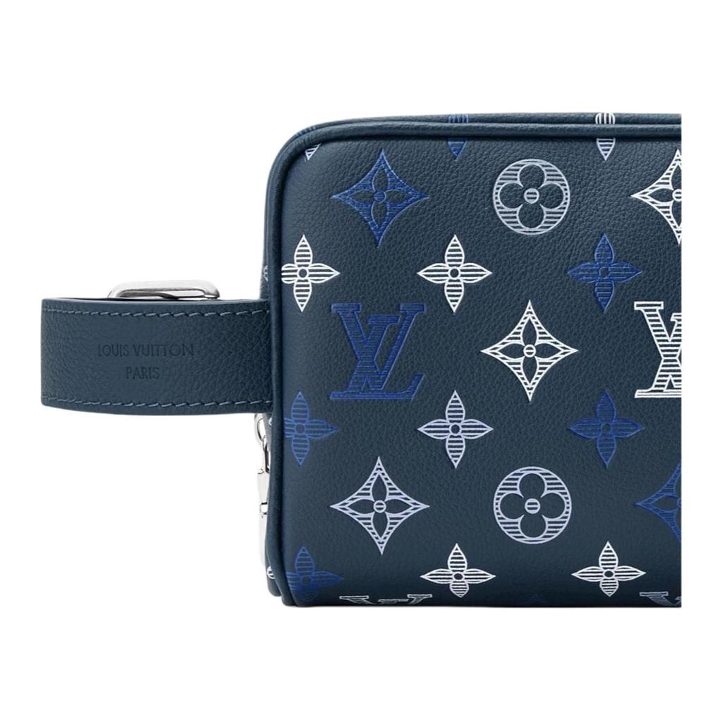 Louis Vuitton Кожаная косметичка Monogram Shadow с канвой, унисекс, морской синий M28835