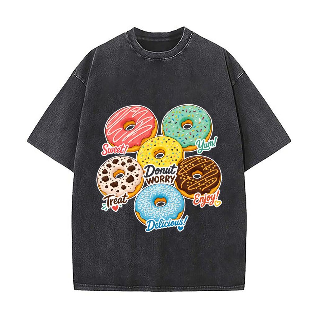 Colorful Assorted Donut Pop Art Washed Faded Vintage Short Sleeve Fashion Versatile Daily Tee