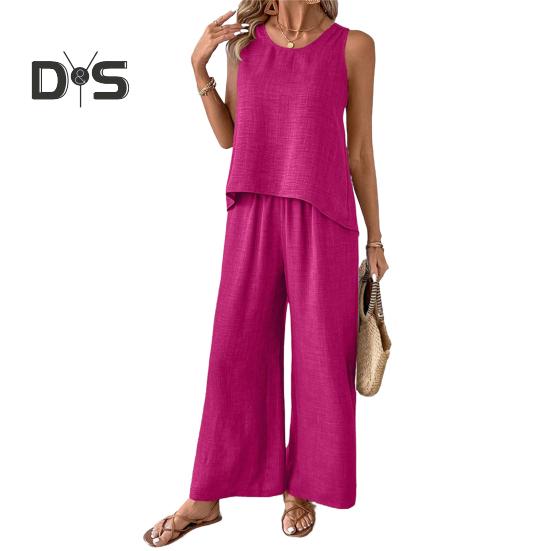 Женский комплект из двух предметов для отдыха, летний топ без рукавов с вырезом сзади и широкие брюки, повседневная одежда для отпуска и путешествий