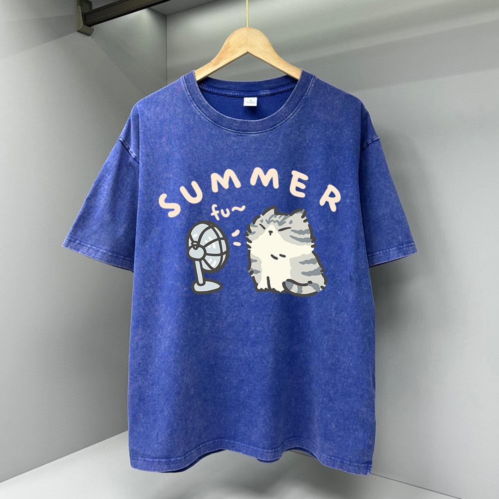 Футболки с принтом мультяшного кота, дующего в вентилятор, для мужчин, модная одежда с круглым вырезом, футболка большого размера, дышащая футболка