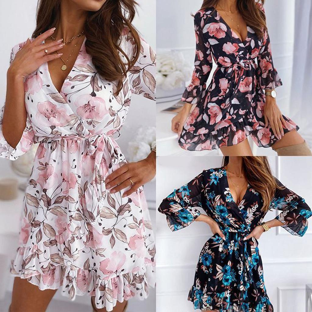 Fashion Women's Casual V-Neck Printed Cropped Sleeve Ruffle Dress